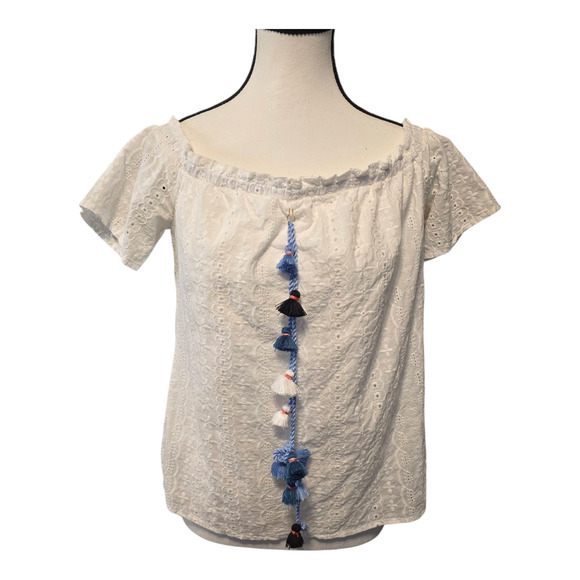 Ellison Womens Embroidered Eyelet Boho Top Size Large White Tassels Festival - Picture 1 of 11